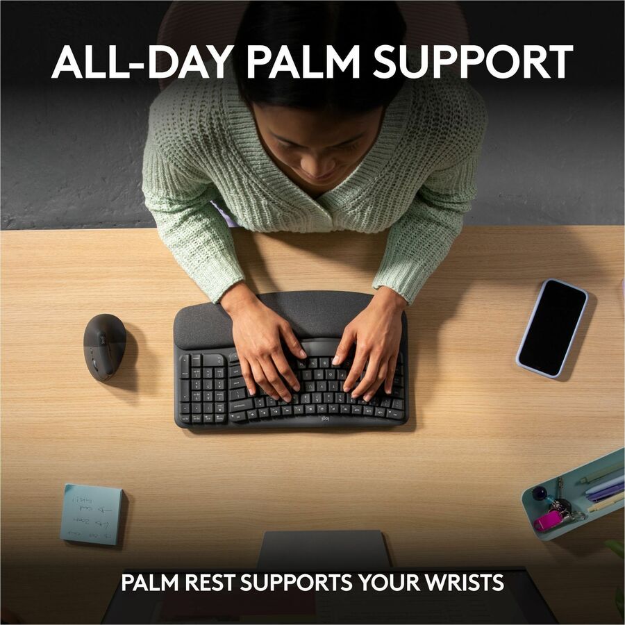 Logitech Wave Keys Wireless Ergonomic Keyboard with Cushioned Palm Rest, Comfortable Natural Typing, Graphite - 920-011898