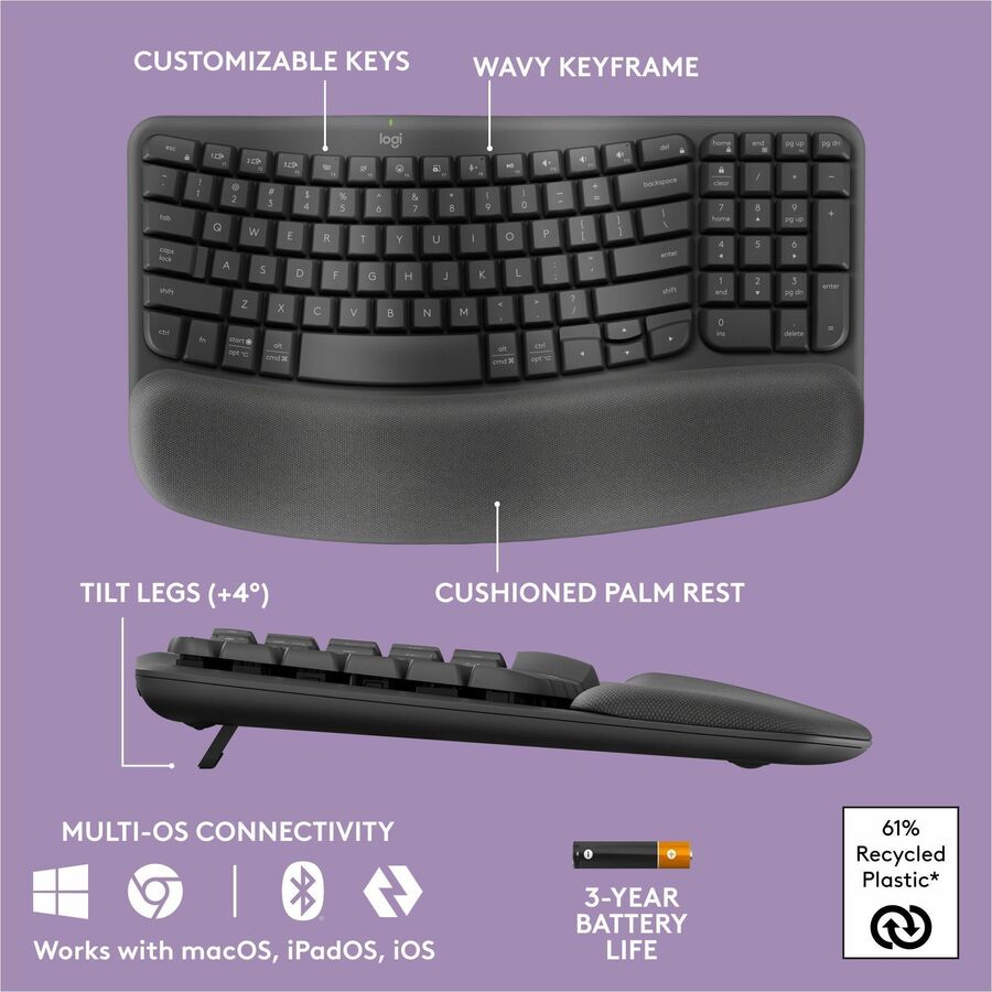 Logitech Wave Keys Wireless Ergonomic Keyboard with Cushioned Palm Rest, Comfortable Natural Typing, Graphite - 920-011898