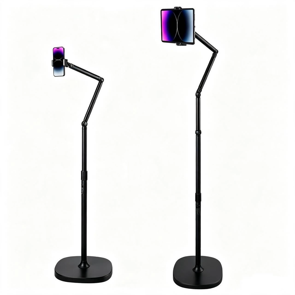 Universal Floor Stand for Phone & Tablet, Heavy-Duty Base Dual-Arm Adjustable Floor Holder for Bedroom, Office & Live Streaming