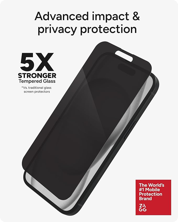 ZAGG Glass Elite Privacy iPhone 15 Screen Protector - 5X Stronger with Reinforced Edges, 2-Way Privacy Filter, Scratch & Smudge-Resistant Surface, InvisibleShield, Easy to Install