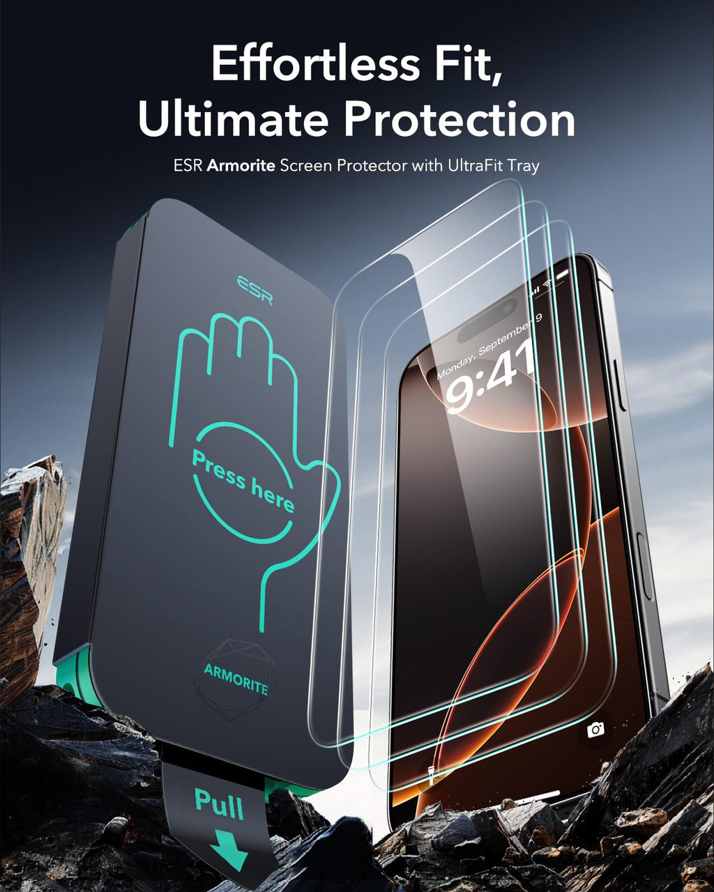ESR 3 Pack 9H+ Glass for iPhone 16 Pro Max Screen Protector, [Military Grade Shatterproof & Longest Durable] Armorite Ultra-Tough Tempered Glass with UltraFit Tray