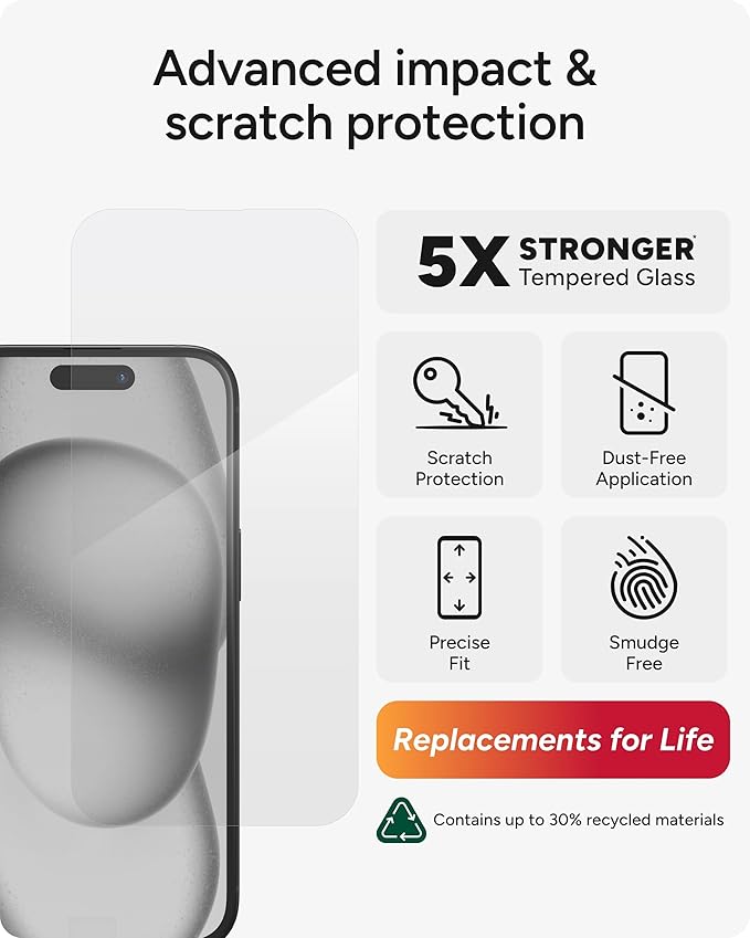 ZAGG Glass Elite iPhone 15 Screen Protector - 5X Stronger with Reinforced Edges, Scratch & Smudge-Resistant Surface, InvisibleShield, Easy to Install