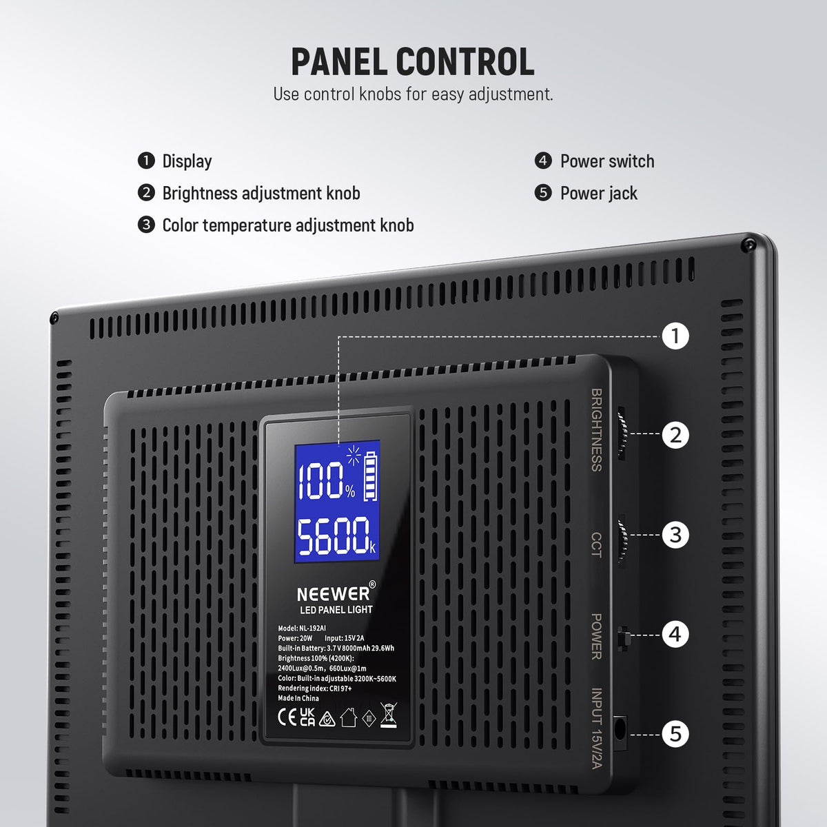 NEEWER 192 LED Video Light Panel, 20W Ultra Thin Bi Color Dimmable DSLR Camera Soft Light, 8000mAh Built in Lithium Battery, 3200-5600K CRI97+, Key Lighting for Studio Photography Recording Streaming